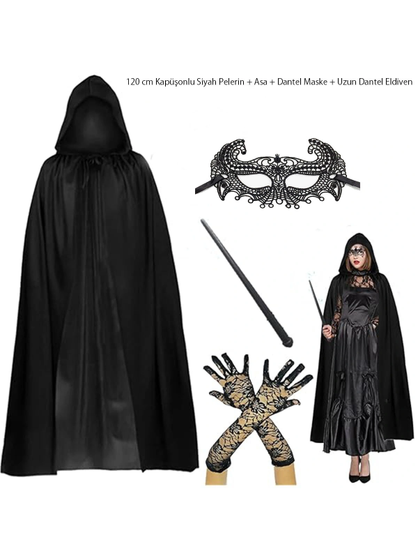 120 Cm Kapüşonlu Siyah Pelerin + Asa + Dantel Maske + Uzun Dantel Siyah &hellip;
