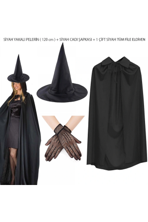 120 Cm Siyah Yakalı Cadı Pelerini Cadı Şapkası Ve 1 Çift Siyah K…