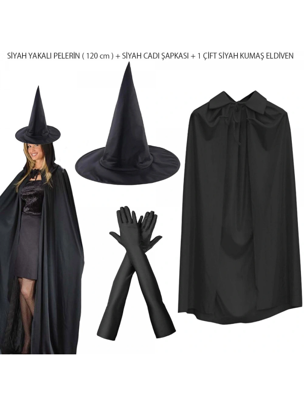 120 Cm Siyah Yakalı Cadı Pelerini Cadı Şapkası Ve 1 Çift Siyah KumaŅ 120 Cm Siyah Yakalı Cadı Pelerini Cadı Şapkası Ve 1 Çift Siyah KumaŅ