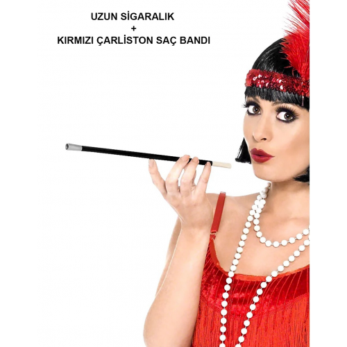1920'ler 1990'lar Gatsby Kadın Aksesuar Seti – Kırmızı Charleston Saç Bandı Ve Sigaralık
