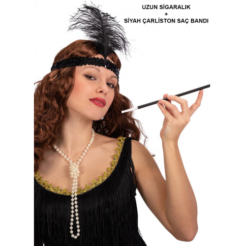 1920'ler Gatsby Aksesuar Seti – Siyah Charleston Saç Bandı & Sigaralık 1920'ler Gatsby Aksesuar Seti – Siyah Charleston Saç Bandı & Sigaralık