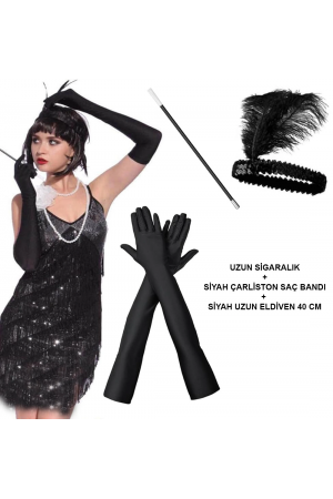 1920'ler Gatsby Aksesuar Seti – Siyah Charleston Saç Bandı, Uz&hellip;
