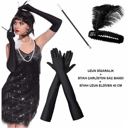 1920'ler Gatsby Aksesuar Seti – Siyah Charleston Saç Bandı, Uzun Eldiven & Sigaralık