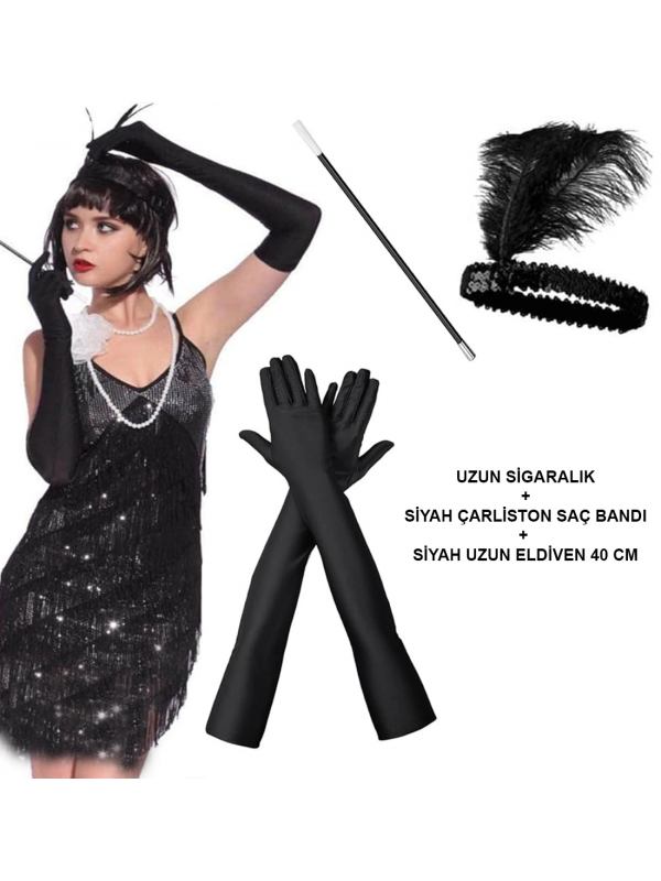 1920'ler Gatsby Aksesuar Seti – Siyah Charleston Saç Bandı, Uz&hellip;