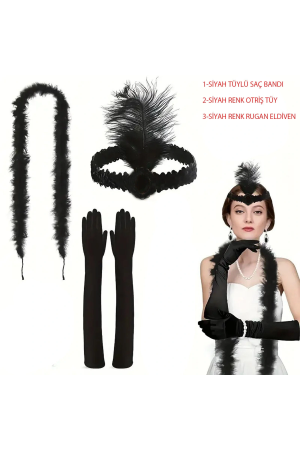1920’ler Tarzı Siyah Tüylü Saç Bandı, Rugan Siyah Eldiven Ve Si…