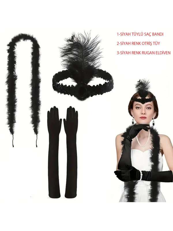 1920’ler Tarzı Siyah Tüylü Saç Bandı, Rugan Siyah Eldiven Ve Siyah &hellip;