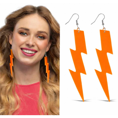 80’ler 90'lar Retro Neon Turuncu Şimşek Küpe 10 Cm