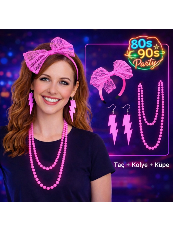 80’ler 90’lar Neon Pembe Parti Seti – Kolye Küpe Taç&hellip;