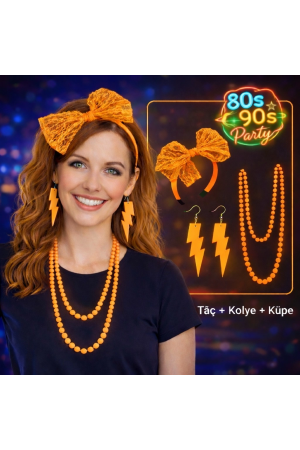 80’ler 90’lar Neon Turuncu Parti Seti – Kolye Küpe Taç… 80’ler 90’lar Neon Turuncu Parti Seti – Kolye Küpe Taç…