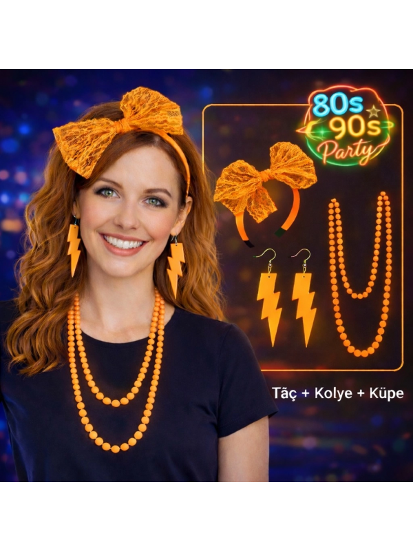 80’ler 90’lar Neon Turuncu Parti Seti – Kolye Küpe Taç&hellip;