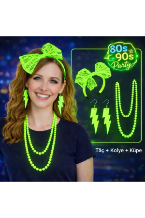80’ler 90’lar Neon Yeşil Parti Seti – Kolye Küpe Taç… 80’ler 90’lar Neon Yeşil Parti Seti – Kolye Küpe Taç…