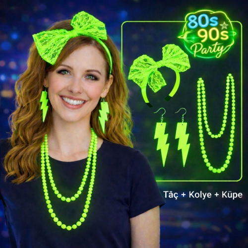 80’ler 90’lar Neon Yeşil Parti Seti – Kolye Küpe Taç 80’ler 90’lar Neon Yeşil Parti Seti – Kolye Küpe Taç