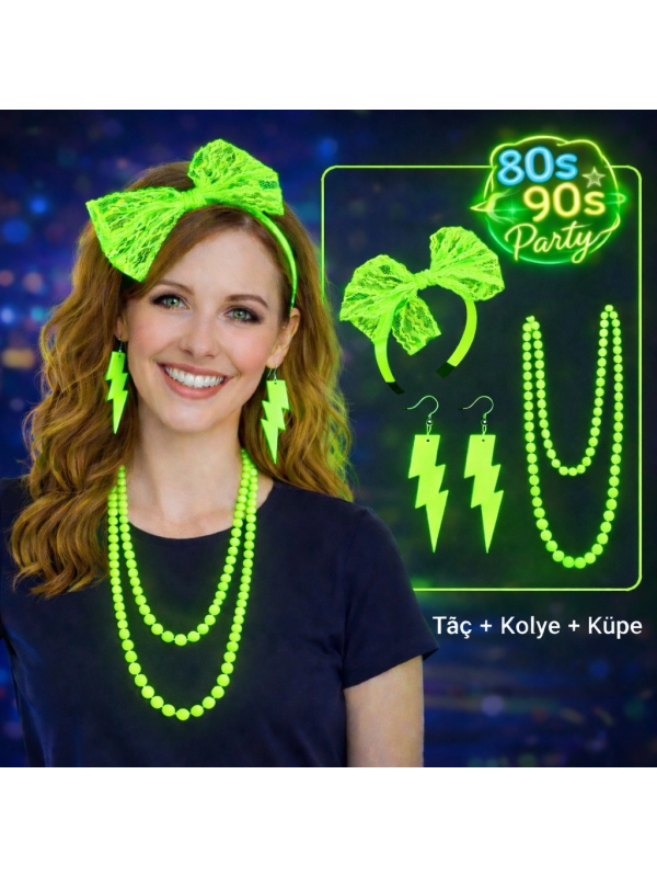 80’ler 90’lar Neon Yeşil Parti Seti – Kolye Küpe Taç… 80’ler 90’lar Neon Yeşil Parti Seti – Kolye Küpe Taç…