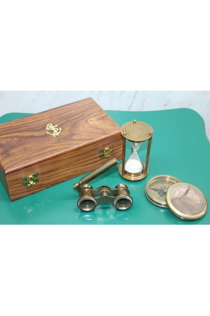 Ahşap Kutulu Pirinç Pusula,kumsaati,dürbün Seti 15682&hellip;