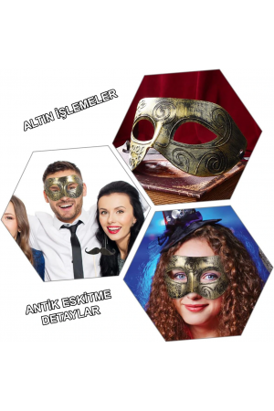 Altın Eskitme Yüz Maskesi - Antik Tarz Balo Maskesi&hellip;