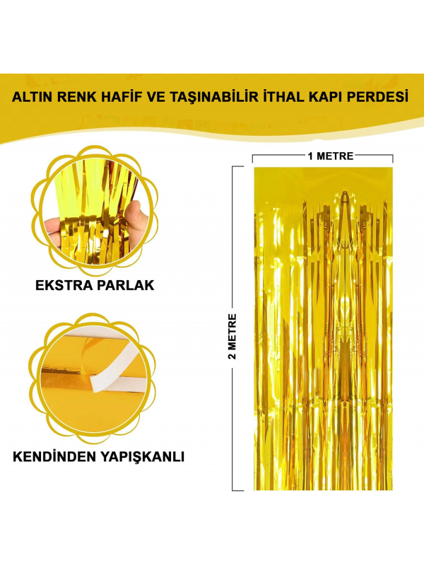 Altın Gold Renk Ekstra Metalize Parlak Saçaklı Arka Fon Perde İthal A &hellip;