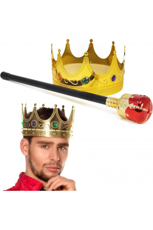 Altın Renk 60 Cm Kral Tacı Kraliyet Tacı Ve Kırmızı Topuzlu Kral Asa&hellip;
