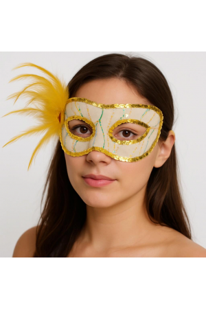 Altın Renk Yandan Tüylü Pul Payet İşlemeli Parti Maskesi 23x12 Cm&hellip;