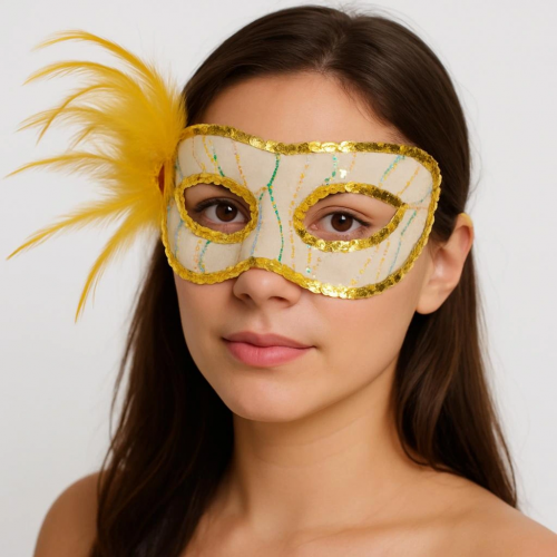 Altın Renk Yandan Tüylü Pul Payet İşlemeli Parti Maskesi 23x12 Cm Altın Renk Yandan Tüylü Pul Payet İşlemeli Parti Maskesi 23x12 Cm