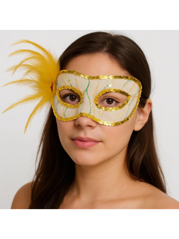 Altın Renk Yandan Tüylü Pul Payet İşlemeli Parti Maskesi 23x12 Cm… Altın Renk Yandan Tüylü Pul Payet İşlemeli Parti Maskesi 23x12 Cm…
