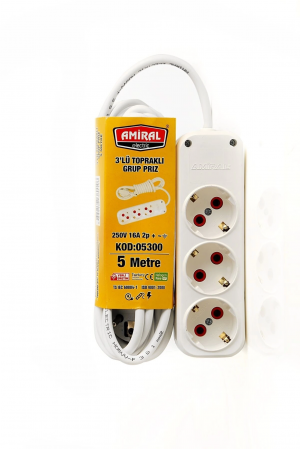 Amiral 3' Lü Topraklı 5 Metre Kablolu Grup Priz&hellip;