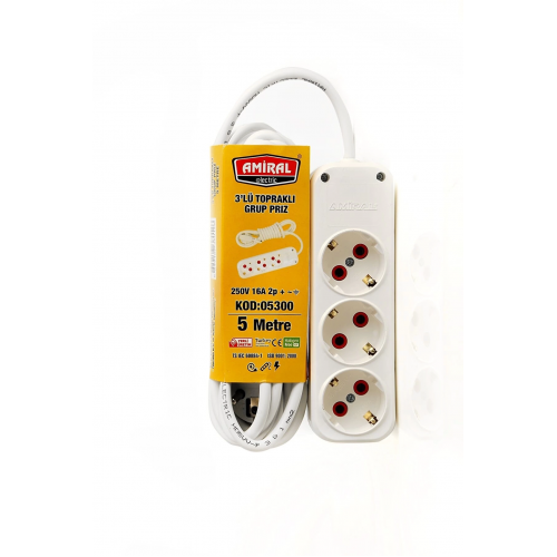 Amiral 3' Lü Topraklı 5 Metre Kablolu Grup Priz