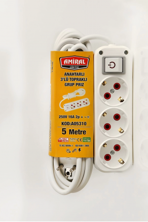 Amiral 3' Lü Topraklı Anahtarlı 5 Metre Kablolu Grup Priz&hellip;