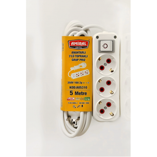 Amiral 3' Lü Topraklı Anahtarlı 5 Metre Kablolu Grup Priz