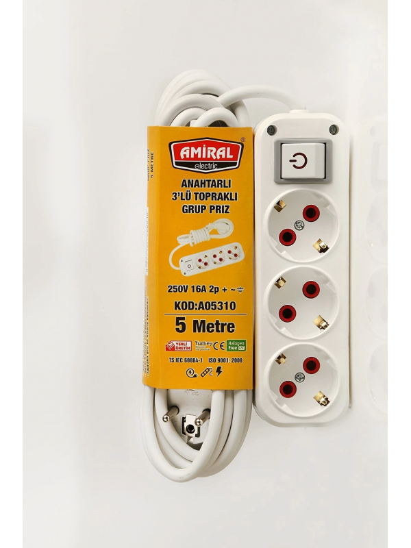 Amiral 3' Lü Topraklı Anahtarlı 5 Metre Kablolu Grup Priz&hellip;