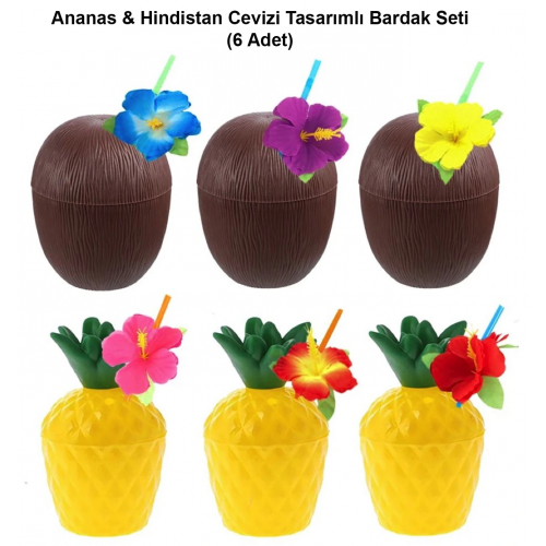 Ananas & Hindistan Cevizi Tasarımlı Pipetli Bardak Seti (6 Adet)