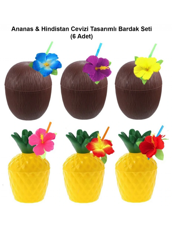 Ananas & Hindistan Cevizi Tasarımlı Pipetli Bardak Seti (6 Adet)&hellip;