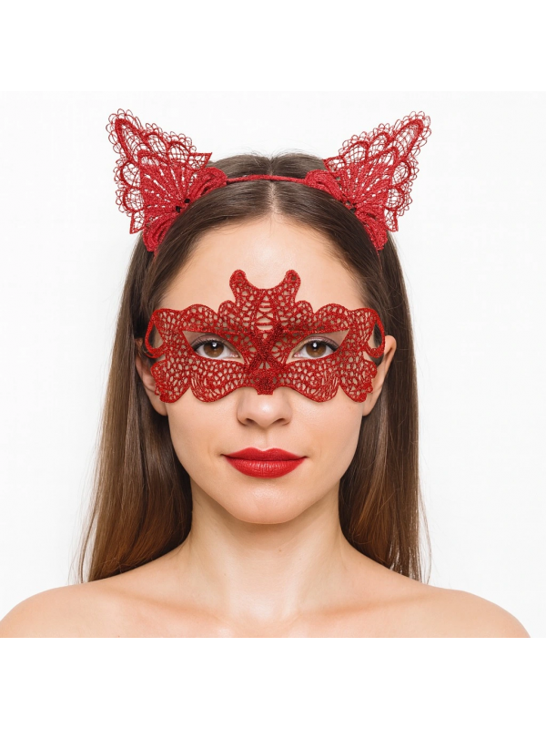 Ateş Kırmızısı Dantel Taç Ve Maske Seti 10 No - Maskeli Balo & �&hellip;