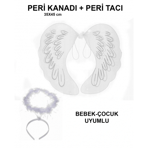 Beyaz Dantel Tüllü Peri Kanadı Ve Peri Tacı Seti 45x40 Cm
