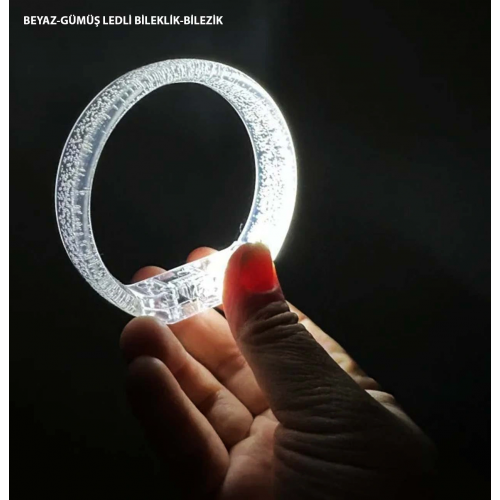 Beyaz-gümüş Led Işıklı Baskı Yapılabilen Pilli Bileklik Bilezik 1,5 Cm Genişlik