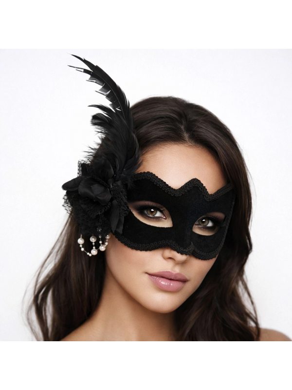 Beyaz İnci Detaylı Siyah Süet Venedik Kadın Maskesi Tüylü Güllü&hellip;