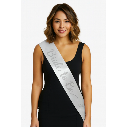 Beyaz Saten Üzerine El Yazısı İtalik Gümüş Bride To Be Kuşağı 10 Cm Genişlik