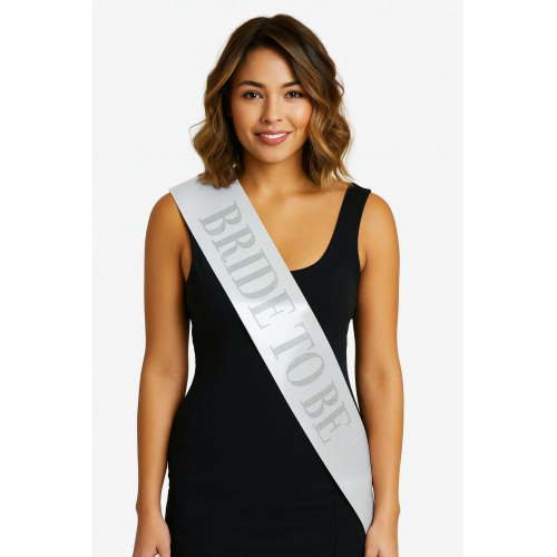 Beyaz Saten Üzerine Kalın Gümüş Yazılı Bride To Be Kuşağı 10 Cm Genişlik