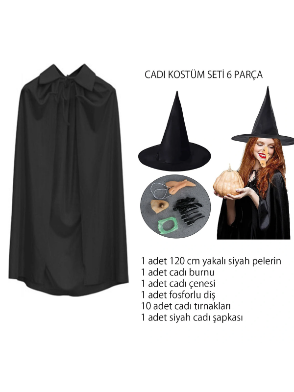 Cadı Kostüm Seti 6 Parça - Şapka Pelerin Diş Tırnaklar Çene Ve Buru&hellip;