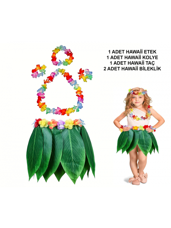 Çocuk Hawaii Kostüm Seti - Yaprak Etek & Hawaii Set - 5 Parça&hellip;