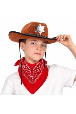 Çocuk Kovboy Şapka Rozetli Kahverengi & Kırmızı Bandana Fular Set&hellip;