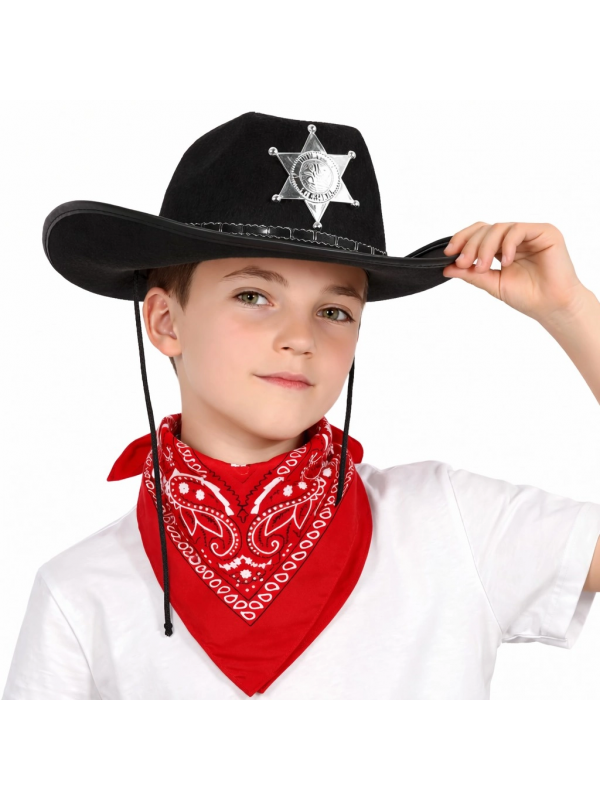 Çocuk Kovboy Şapka Rozetli Siyah & Kırmızı Bandana Fular Seti&hellip;