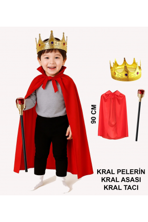 Çocuk Kral Kostüm Seti – Kırmızı Pelerin, Taç Ve Asa (90 Cm)&hellip;
