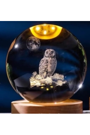 Dekoratif Baykuş Tasarımlı Ahşap Altlıklı Işıklı Cam Küre B…