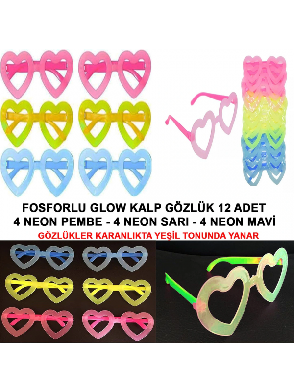 Fosforlu Kalp Model Glow Parti Gözlüğü Karanlıkta Yanan Gözlükler 1&hellip;