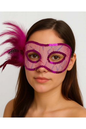 Fuşya Renk Yandan Tüylü Pul Payet İşlemeli Parti Maskesi 23x12 Cm&hellip;