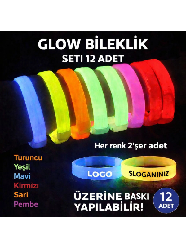 Glow Kalın Bileklik 12’li Set | Baskıya Uygun Renkli Model&hellip;