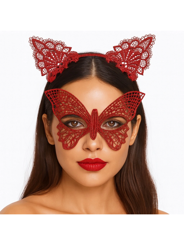 Gösterişli Kırmızı Dantel Maske Ve Taç Seti 7 No – Masquerade Ve D&hellip;