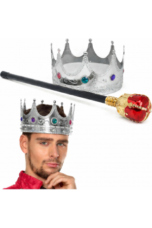 Gümüş Kral Tacı Kraliyet Tacı 60 Cm Ve Kırmızı Topuzlu Kral Asası&hellip;