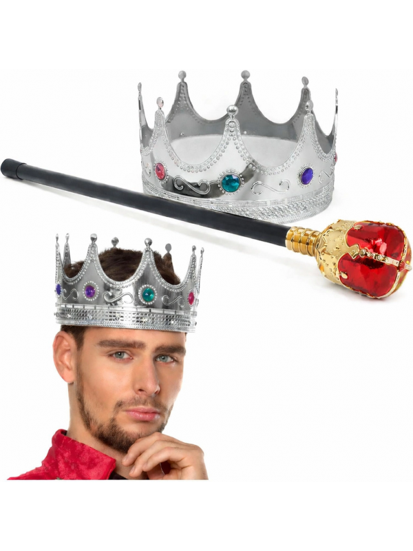 Gümüş Kral Tacı Kraliyet Tacı 60 Cm Ve Kırmızı Topuzlu Kral Asası&hellip;