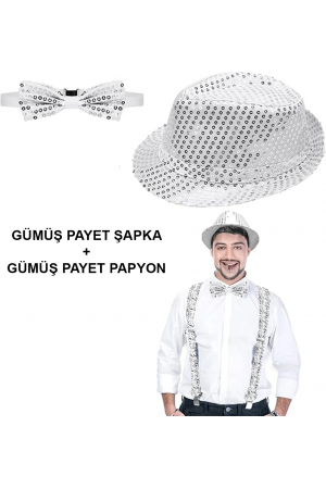 Gümüş Payetli Şapka Ve Papyon Seti – Parıltılı Yetişkin Kostüm &hellip;